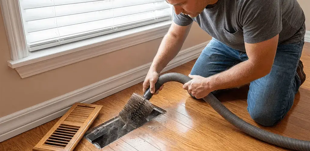 Air duct cleaning technician vacuuming a floor vent and duct opening in Indianapolis, IN