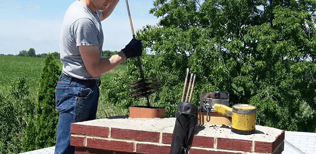 Chimney cleaning technician working on a rooftop chimney with professional tools in Indianapolis, IN