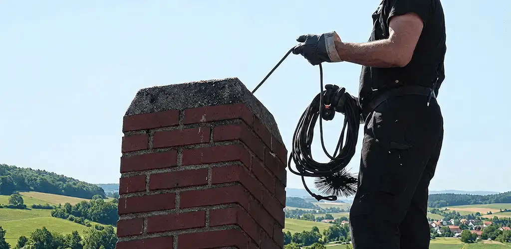 Chimney sweep inspecting and cleaning a rooftop chimney in Indianapolis, IN