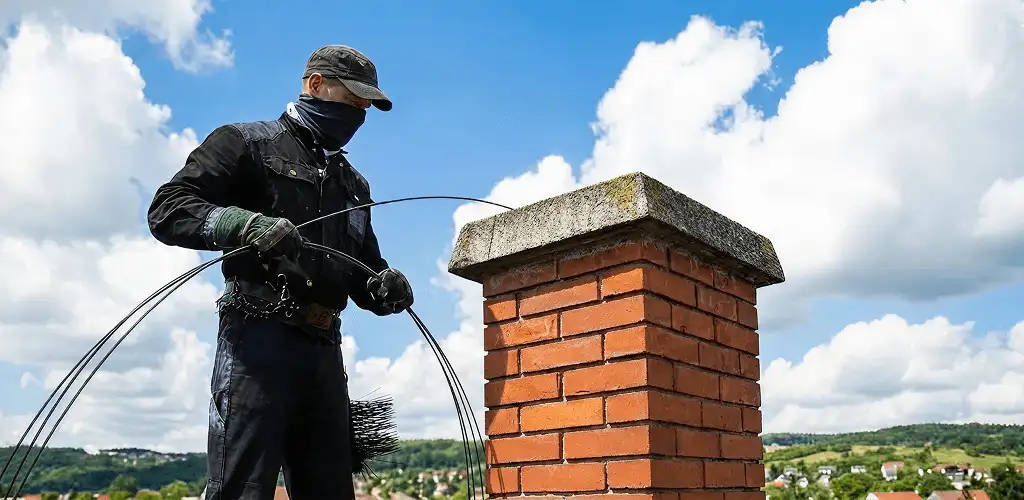 Chimney sweep cleaning a brick chimney with professional tools in Indianapolis, IN