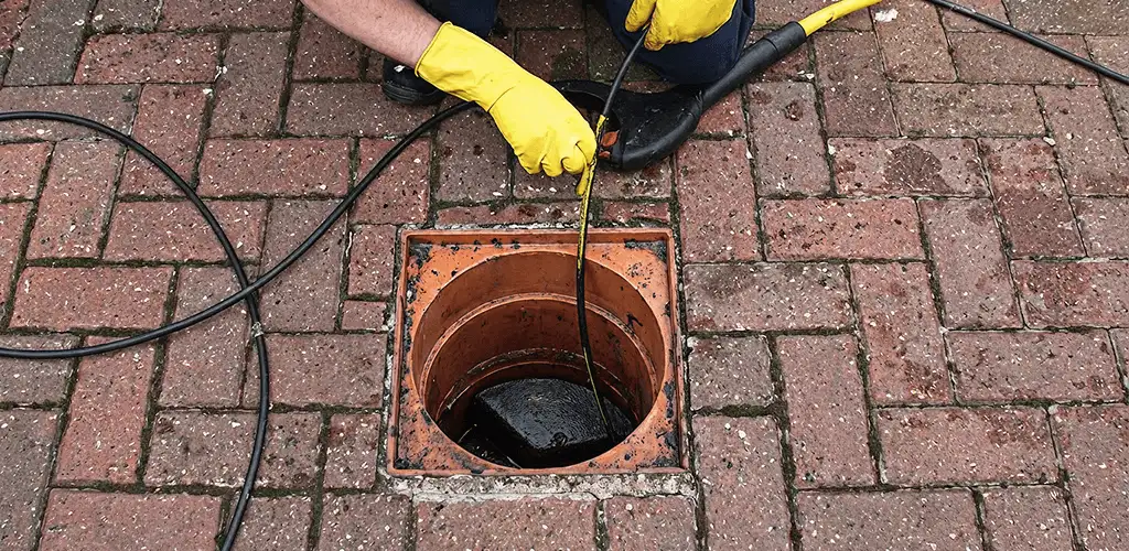Drain cleaning technician using a drain snake to clear a clogged drain in Indianapolis, IN