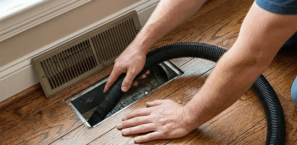 Air duct cleaning technician vacuuming a floor register and duct opening in Indianapolis, IN