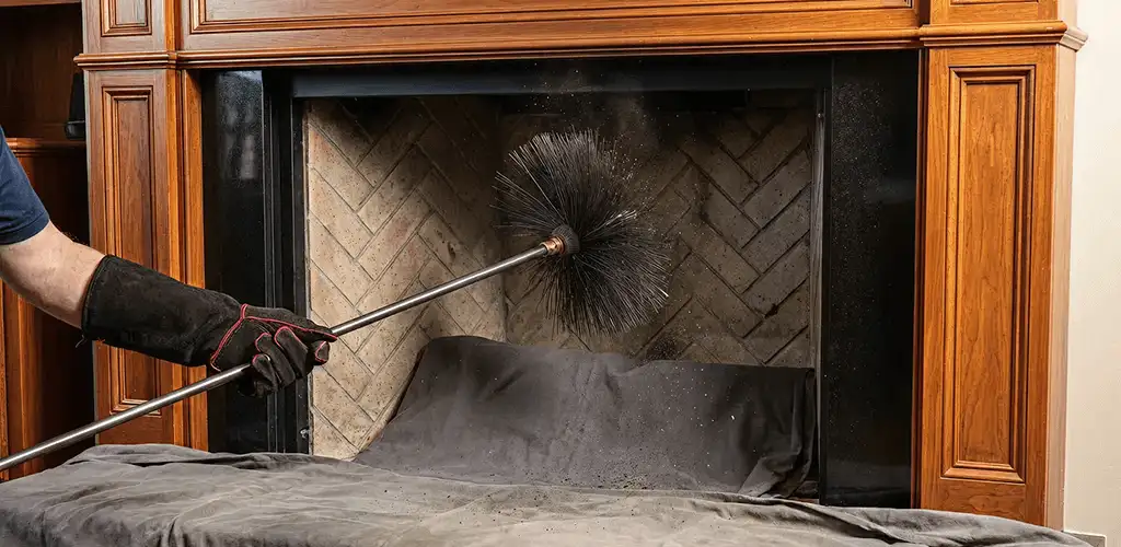 Chimney cleaning service brushing soot from a fireplace and flue in Indianapolis, IN