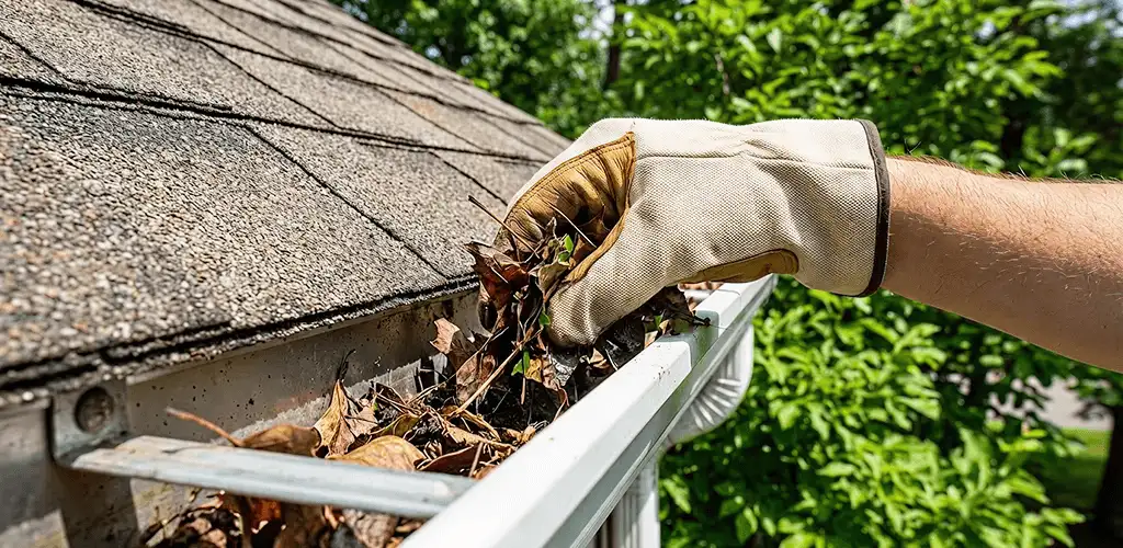 Gutter cleaning removing leaves and debris from roof gutters in Indianapolis, IN