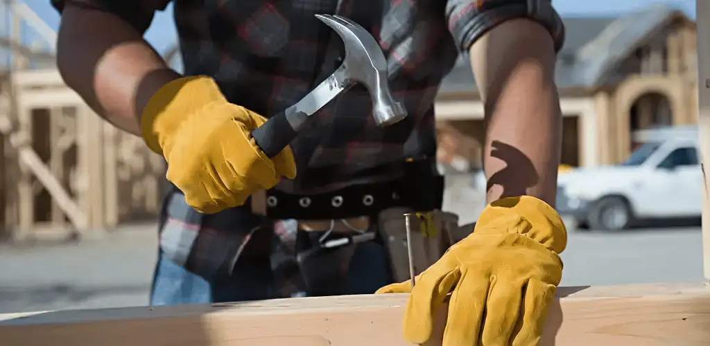 Handyman fixing wood trim with a hammer for home repairs in Indianapolis, IN