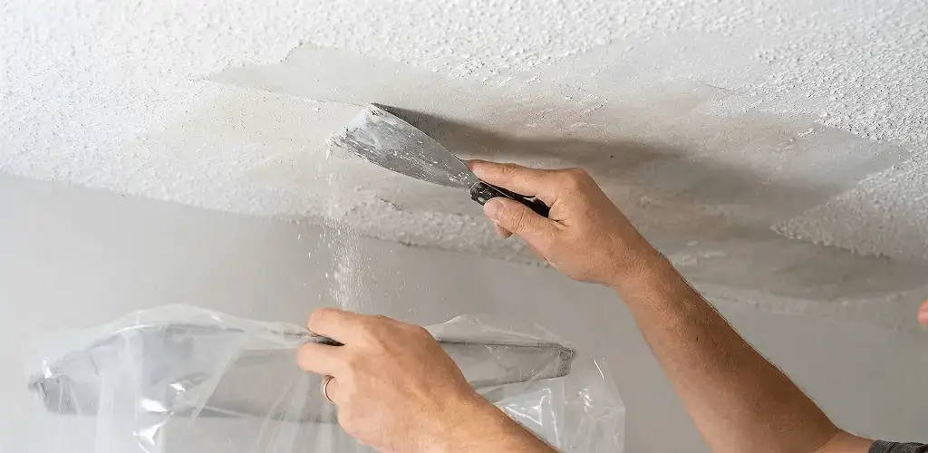 Popcorn ceiling removal technician scraping texture from a ceiling in Indianapolis, IN