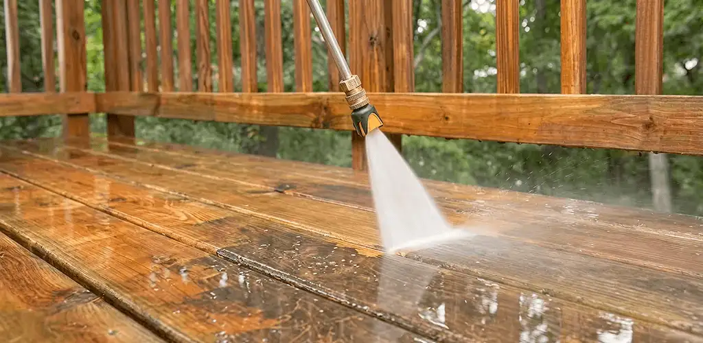 Pressure washing a wood deck to remove dirt and buildup in Indianapolis, IN