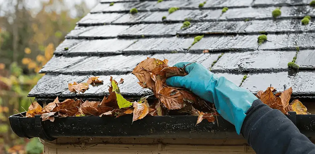 Gutter cleaning technician clearing wet leaves from roof gutters in Indianapolis, IN