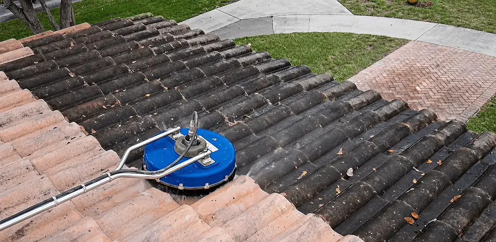 Roof pressure cleaning removing debris and buildup from roof tiles in Indianapolis, IN