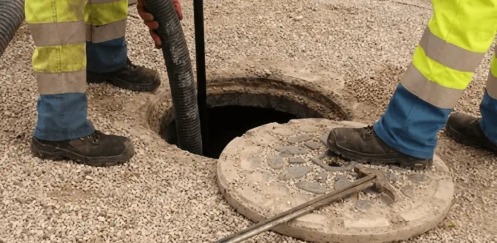 Drain cleaning crew clearing a sewer access point with professional equipment in Indianapolis, IN