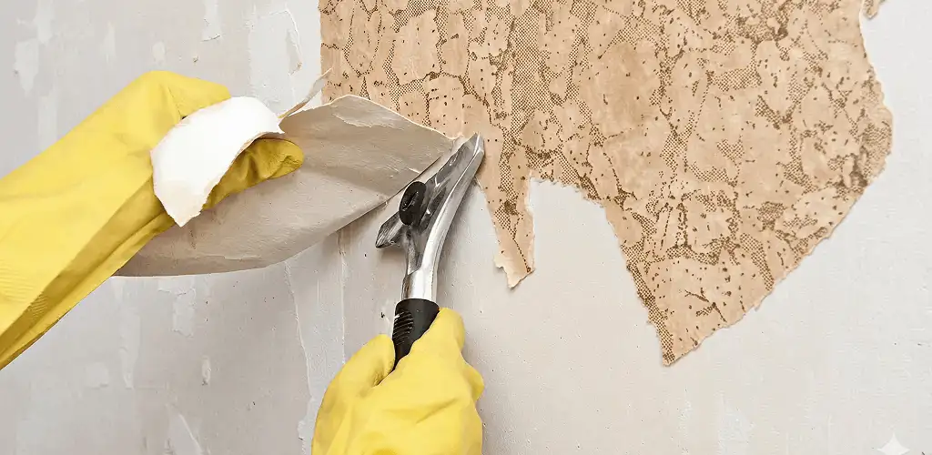 Wallpaper removal service stripping old wallpaper from a wall in Indianapolis, IN