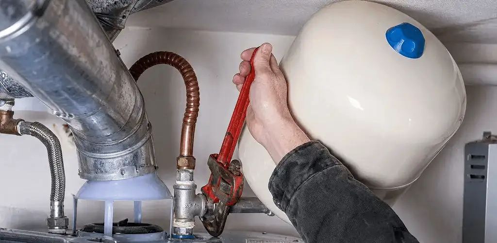 Water heater repair technician tightening plumbing connections near a tank unit in Indianapolis, IN